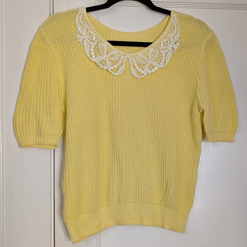 Yellow Knit Top w/ White Lace Peter Pan Collar | Coquette Cottagecore